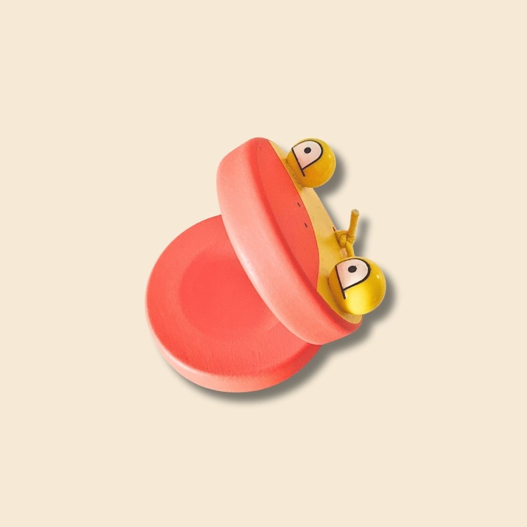 Orange & Yellow Duck Wooden Castanet Single - mouth open and bulging eyes