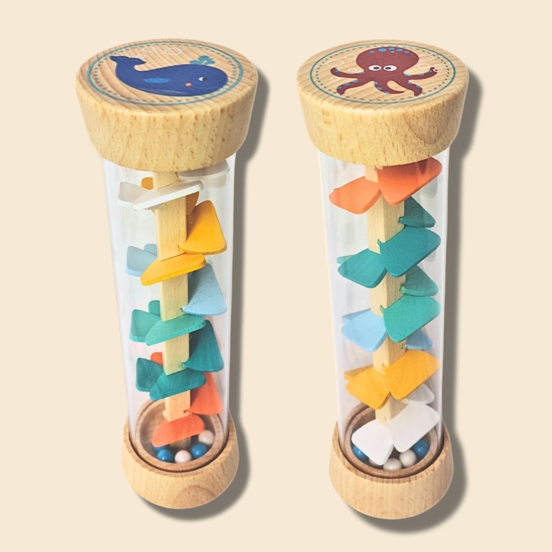 Side by side view of Whale/Octopus Rainstick instrument, each end of toy has a different sea creature. It's the one product showing what each side looks like.