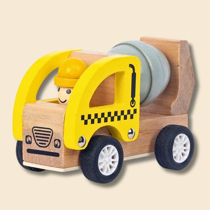 Wooden Pullback Concrete Mixer Toy, yellow and natural timber with black wheels.