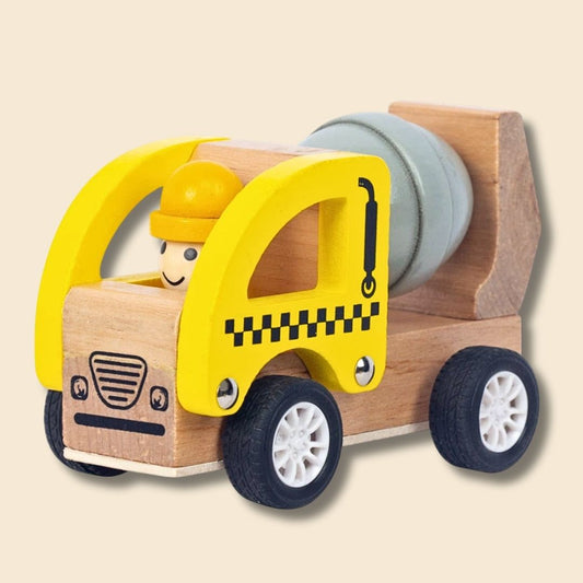 Wooden Pullback Concrete Mixer Toy, yellow and natural timber with black wheels.